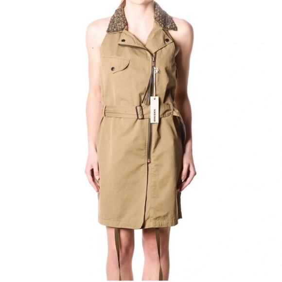 Diesel Dress Y2K Beaded Collar Army Green Grunge Khaki Utility Punk Rock Luxury - Picture 1 of 13